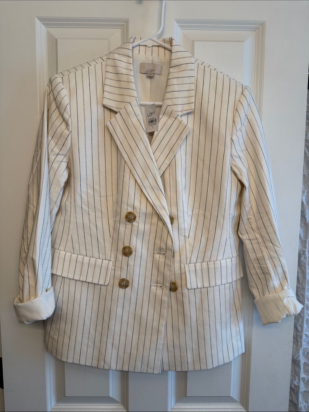 LOFT Cream Blazer with Navy Pinstripes